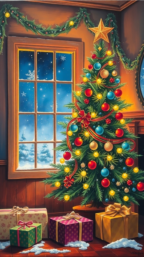 A festive Christmas canvas painting featuring a decorated tree and snowflakes, capturing the spirit of the holiday season.